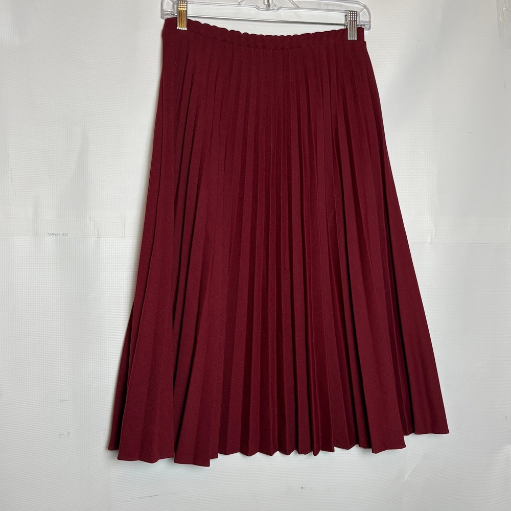 Vtg 70s Sarah K Burgundy Accordion Pleat Midi Skirt Elastic Waist Red Medium